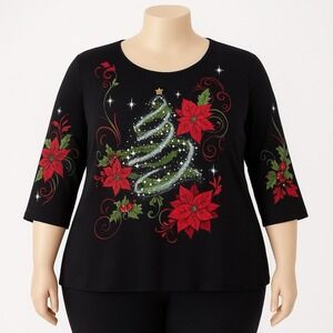 Jess & Jane Shirt Women Black Red Multi Christmas Casual Artsy Art to Wear 3X‎